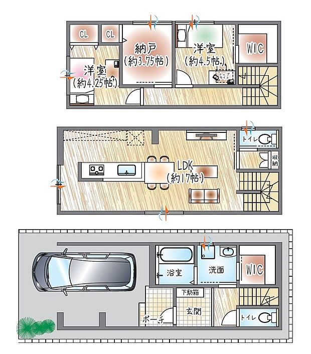 【【3号地／参考プラン(2)】】(ベストプラン建物価格：2430万円～)
■建物面積：86.14m2 ■3階建て×2SLDK
17帖LDK×WIC×納戸を採用！収納力に優れたゆとりある設計