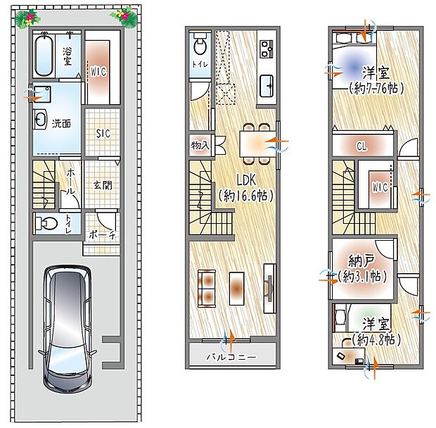 【【1号地／参考プラン(1)】】(ベストプラン建物価格：2430万円～)
■建物面積：94.42m2 ■3階建て×2SLDK
ゆとりある洗面空間×豊富な収納　動線にも配慮した間取り◎
