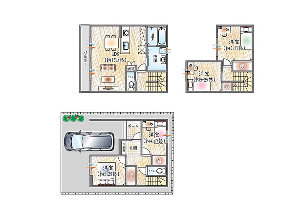 【【3号地/参考プラン(1)】】(ベストプラン建物価格:2480万円~)
■建物面積:95.04m2 ■3階建て×4LDK
2階に水回りを集約し、LDKに隣接させることで家事動線に配慮した間取り
