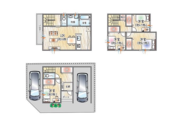【【4号地/参考プラン(1)】】(ベストプラン建物価格:2480万円~)
■建物面積:98.56m2 ■3階建て×4LDK
駐車2台可能◎各居室収納付きで、すっきり暮らせる住まい。
