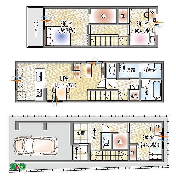 【【参考プラン(2)】】(ベストプラン建物価格：2430万円～)
■建物面積：87.98m2 ■3階建て×3LDK
脱衣所付きの洗面空間を採用◎家事効率にも配慮した住まい♪