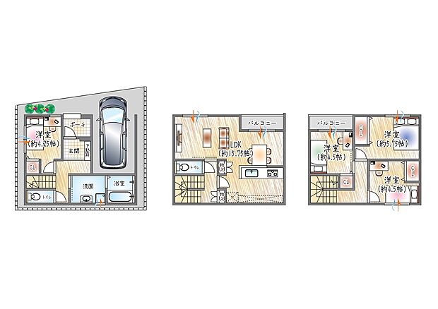 【【1号地／参考プラン(2)】】(ベストプラン建物価格：2480万円～)
■建物面積：94.43m2 ■3階建て×4LDK
北側バルコニーからやわらかな安定した光が差し込み、心地よく過ごせるリビング◎