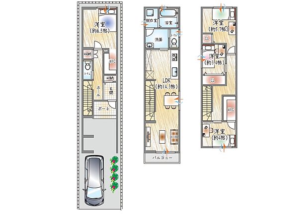 【【参考プラン(1)】】(ベストプラン建物価格:2480万円~)
■建物面積:98.55m2 ■3階建て×4LDK
2階水回り集約+WIC2か所家事も片付けもスムーズな住まい