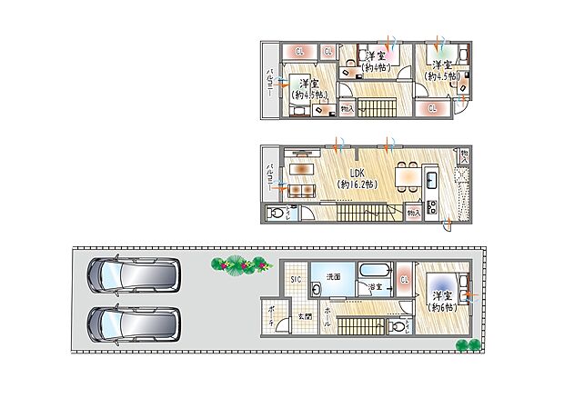 【【参考プラン(1)】】(ベストプラン建物価格:2480万円~)
■建物面積:98.79m2 ■3階建て×4LDK
2台並列駐車可能!大容量のSICが付いており収納力◎