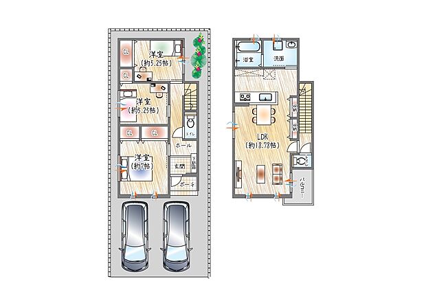 【【2号地／参考プラン(1)】】(ベストプラン建物価格：2480万円～)
■建物面積：90.28m2 ■2階建て×3LDK
約18帖の広々LDK×各居室収納付き家具の配置もしやすく、すっきり暮らせるゆとりある住まい。