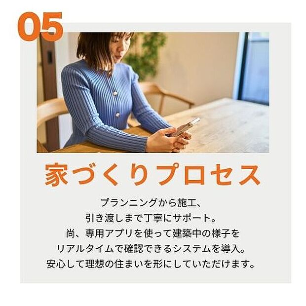 【【家づくりプロセス】】プランニングから施工、引き渡しまでを丁寧にサポート。専用アプリを使いリアルタイムで建築中の様子を確認できる安心のシステム。