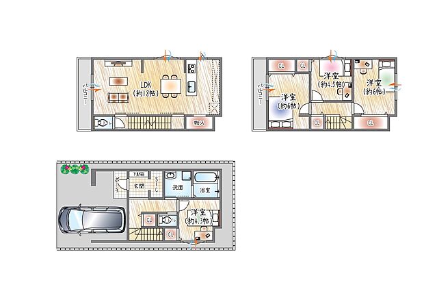 【【1号地/参考プラン(2)】】(セミオーダー建物価格:2630万円~)
■建物面積:100.22m2 ■3階建て×4LDK
大容量のシューズインクローゼットを備え、靴や荷物をたっぷり収納可能な住まい。
