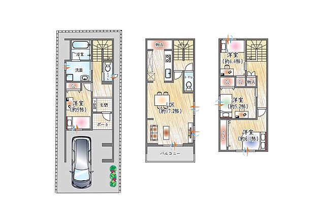 【【2号地/参考プラン(3)】】(セミオーダー建物価格:2630万円~)
■建物面積:104.64m2 ■3階建て×4LDK
約17.2帖の2階LDK!各居室収納付きの4LDKで、家族のプライベート空間も確保◎