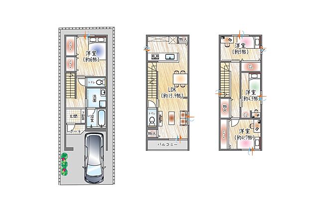 【【3号地/参考プラン(1)】】(ベストプラン建物価格:2480万円~)
■建物面積:98.56m2 ■3階建て×4LDK
天候を気にせず心地の良い、暮らしにゆとりを生むインナーバルコニーのある住まい。