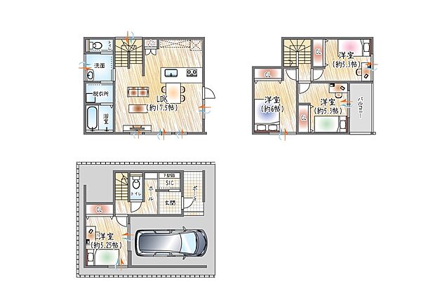 【【3号地モデルハウス／プラン図】】■3階建て×4LDK＋SIC
■約17.5帖のゆとりあるLDKに、パントリー付きでキッチン周りスッキリ◎
■全居室収納＋SIC付きで、家族の荷物もしっかり収まります。