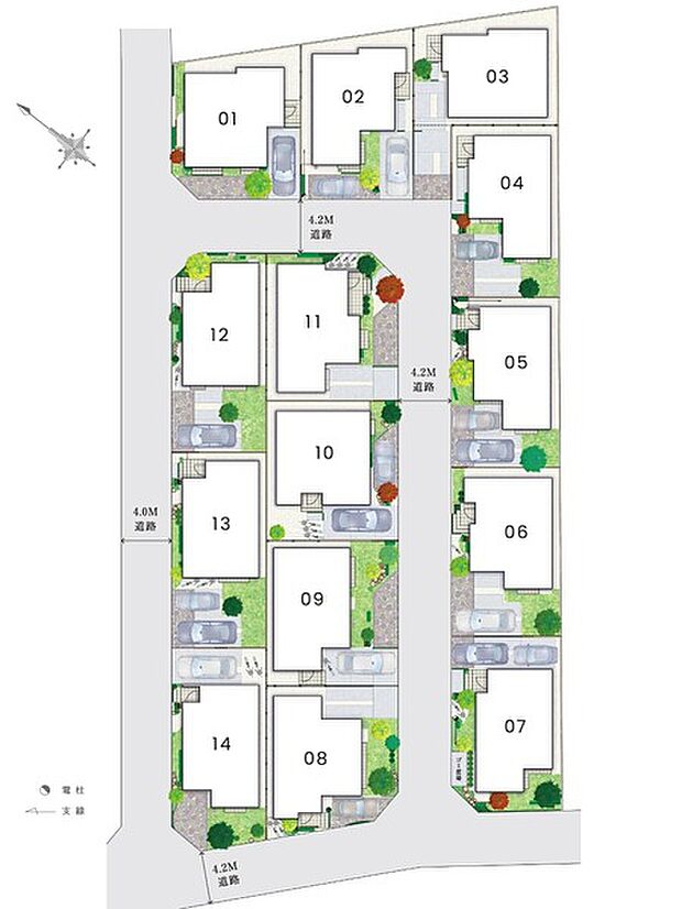 【街の中に安心と彩りを描く全14邸の街並み】ゆとりある開発道路と植栽計画により、昼も夜も安心で美しい街並みを演出。回遊性と防犯性にも配慮しています。