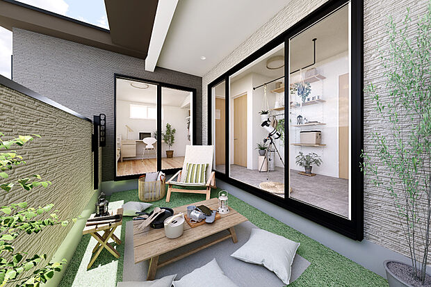 【外の開放感と室内の安心感を兼ね備えたバルコニー「コモレナ」】廊下とバルコニーを一体化し、家族が集い、遊びや憩いを楽しめる「もう一つの居場所」。日常に小さな非日常をもたらします。