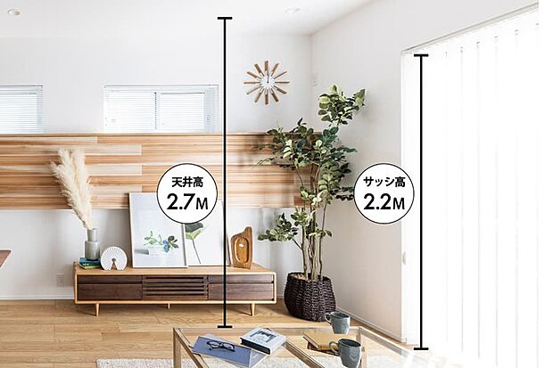 【【ハイシーリング・ハイサッシ】】家族が集うリビングの天井高は、一般的な住宅に比べてゆとりのある2.7m、サッシ高も2.2mに設定、縦方向のゆとりが開放的な空間を創出し、より快適に寛ぎの時間を育みます。※一部下がる場合があります。