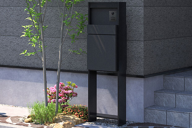 【【宅配ボックス付機能門柱】】不在時に便利な宅配ボックスをはじめ、郵便ポストやインターホンを一体化した機能門柱を設置しました。