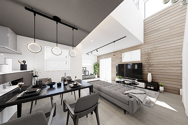 【【PLAN1/WIDE LIVING】】木のぬくもりに包まれた広々とした大空間リビング。大きな家具を置いたり、くつろぎのスペースを作ったり、家族が伸びやかに過ごせる憩いの空間になります。