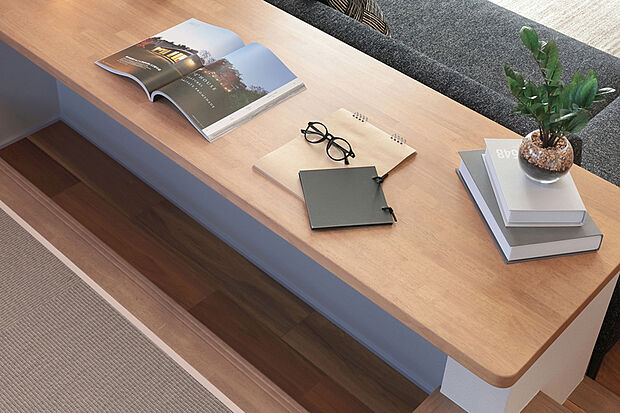 【【堀机カウンター】】リビングとステージの両方から使える堀机になったちょうだいい高さのカウンター。家族を見守りながらの仕事や子どものリビング学習に最適です。