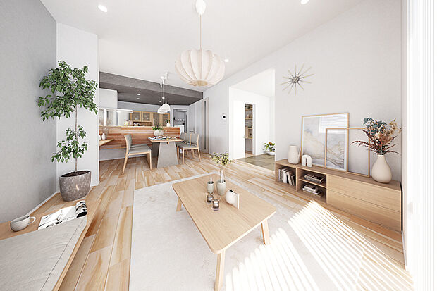 【【内観パース(MULTI)】】森林浴をしているかのように癒される杉壁材を配したリビングの隣に、アイデア次第で自由自在に使える空間をレイアウト。快適で心地よい暮らしを彩ります。