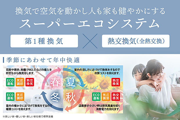 【換気で空気を動かし人も家も健やかにする スーパーエコシステム】人は長い時間を室内で過ごし、多くの空気を体に取り入れます。長く安心して健康的に暮らせる住宅をご提供するため、アズマハウスでは室内空気質（IAQ）を向上し、省エネ＜スマート＞でしかも健康的＜ウェルネス＞な住環境を実現するシステムを採用。
屋外の汚れを入れない、室内は循環して浄化、さらに追い出す。何重にも空気をきれいにするのがアズマハウスの「スーパーエコシステム」です。※美しい家、優しい家、楽しい家仕様で標準装備