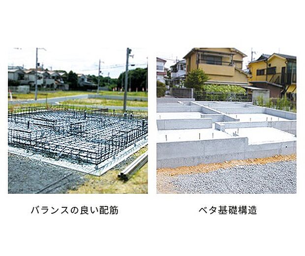 【フジ住宅独自のベタ基礎（FX-BASE）】FX-WOOD 工法の基礎をしっかりと支える、進化したベタ基礎〈FX-BASE〉。より精度の高い地盤調査に基づき、適切な地盤改良や補強を施した強固な地盤に、部屋の面積や加重負荷に応じてバランスよく鉄筋を配した鉄筋コンクリート製のベタ基礎を完成させました。
