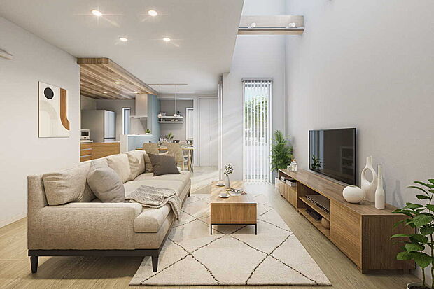 吹抜から降り注ぐ採光が日々の暮らしを明るく照らす居心地の良いリビング。