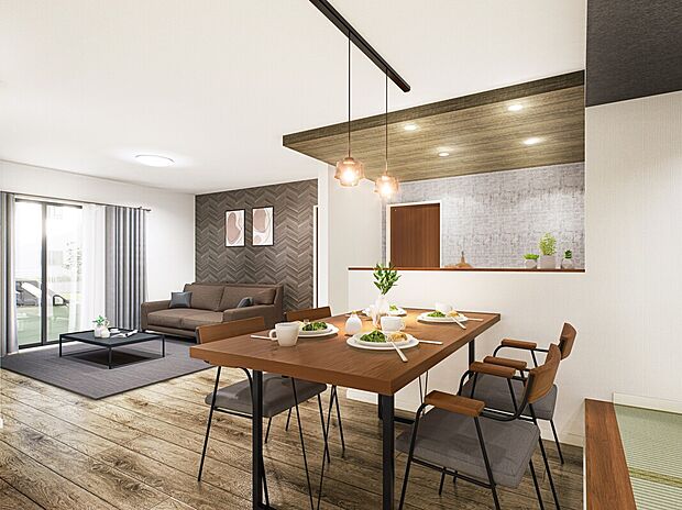 【 【お洒落な折下げ天井を採用したLDK】】空間を立体的に演出する折下げ天井を採用。キッチンからご家族を見守れる目線を意識した設計。木目のアクセントクロスを採用することで、落ち着きのあるシックなリビングに仕上がります。