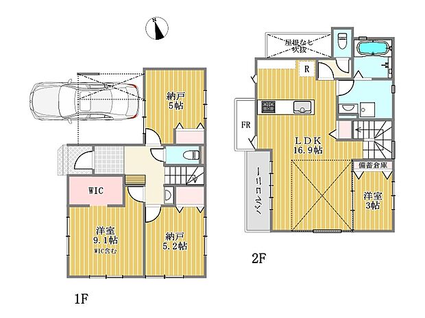建物参考プラン間取り図（建物価格2000万円、建物面積91.4ｍ2（備蓄倉庫0.82ｍ2含む））