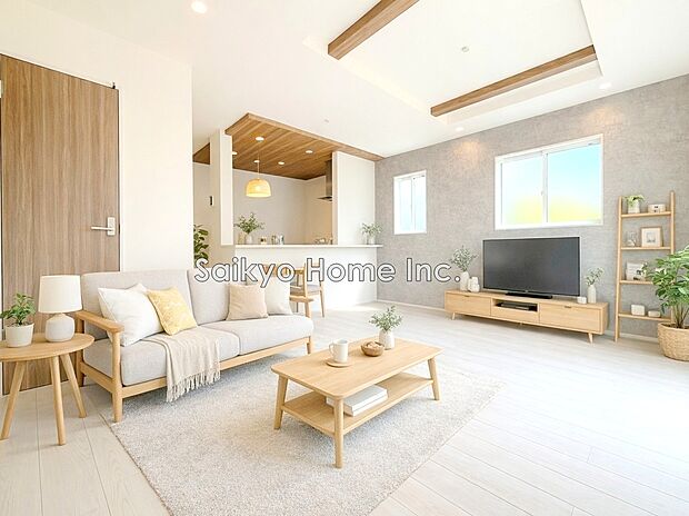 【リビング】一日の中で多くの時間を過すことになるリビングダイニングだからこそ、いつも穏やかな空間であることが必然。爽やかな通風と採光を存分に感じる事が出来る空間です。※家具等はCG加工です。