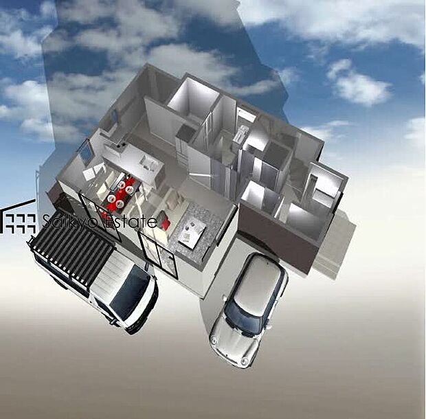 【参考プラン例による内観完成予想図（1号地）】リビングと近いキッチンは、ご家族と会話をしながら作業ができ、食事の配膳や後片付けも楽々です♪
