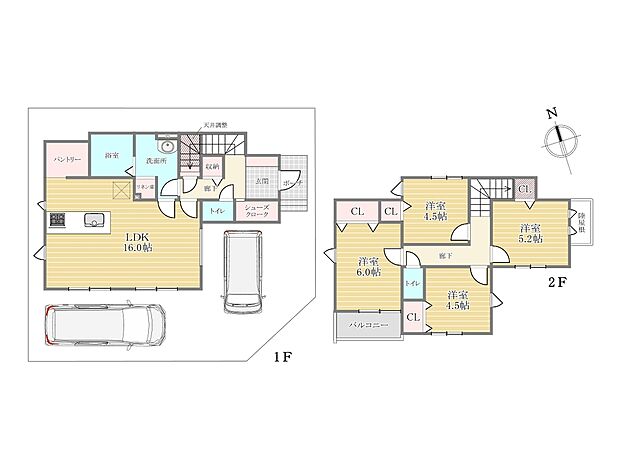 【参考間取り図（1号地）4LDKプラン】建物プラン例（1号地）建物面積96.05m2　建物価格1500万円より承ります。