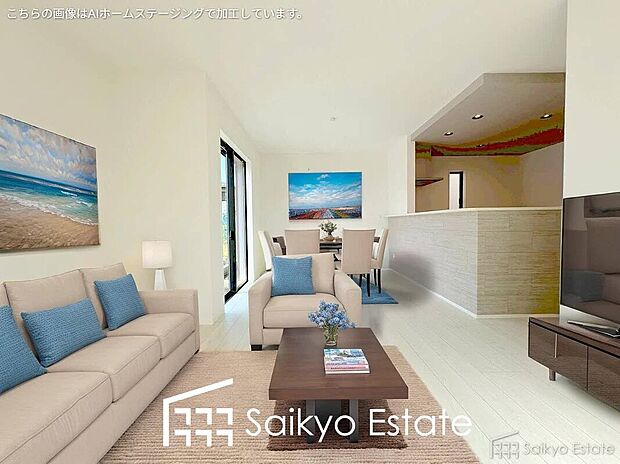 【リビング（施工例）】開放感と採光にこだわった広々とした18.5帖のLDKです。陽光いっぱいの空間で家族団らんの時間も増えそうですね！