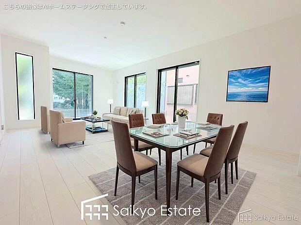 【リビング（施工例）】開放感と採光にこだわった広々としたLDKです。陽光いっぱいの空間で家族団らんの時間も増えそうですね！