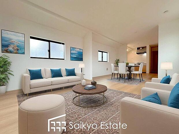 【リビング【施工例】】開放感と採光にこだわった18.14帖の広々としたLDKです。陽光いっぱいの空間で家族団らんの時間も増えそうですね！