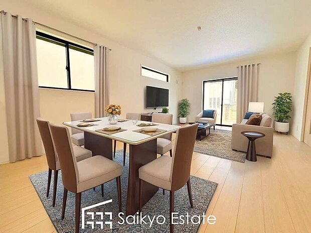 【リビング【施工例】】窓が多く、採光を取り込める面積が大きい事で明るく気持ちの良い空間となっております♪家族みんなが集まる場所がいつでも明るいのは嬉しいですね!