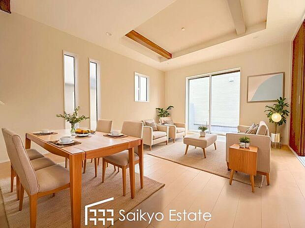 【リビング【施工例】】LDKは折上天井とポップアップ天井で開放感があります。採光良好なリビングは、ご家族の憩いの空間。居心地の良い快適な安らぎの場所にもなりそうです。