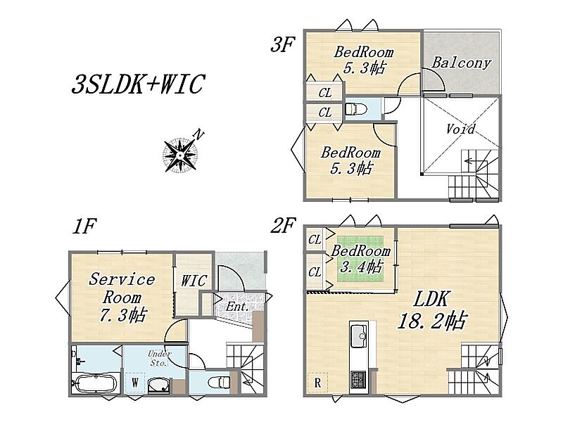 プラン：3SLDK+WIC+ワイドバルコニー
土地面積：72.89m2（22.04坪）
建物面積：100.65m2（30.44坪）

別途私道持分（約17.35m2）あり