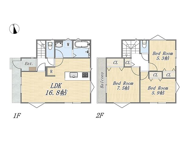 【間取り図】
子育て世帯にも安心の3LDKプラン。
ガス温水式床暖房が搭載されたリビングルーム。全居室にエアコンが設置可能となっています。