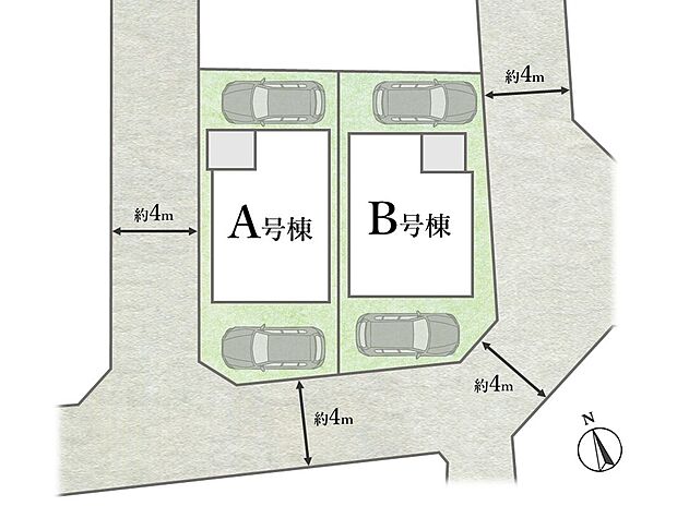 【全体区画図】
南向き角地物件！カースペース2台分備わったゆとりある敷地！
近くには「中央自動車道」も通っており、遠くへのお出掛けもしやすい！