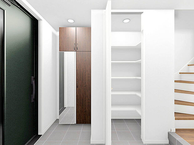 【建物完成イメージパース：Entrance】
シューズインクローゼットで靴や小物もすっきり収納、いつでもお客様を迎えられる玄関先が叶います。
