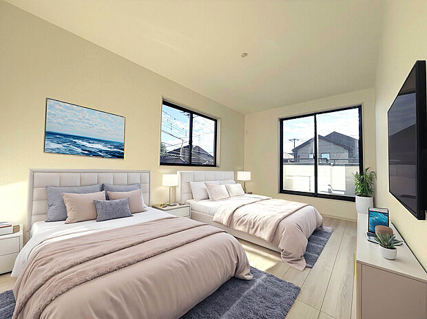 【建物プラン例:Room】
全室2面採光や全居室収納、空間にメリハリをつけ室内の印象をつけるアクセントクロスなど心地よい室内を創る工夫を凝らした建物プランをご提案