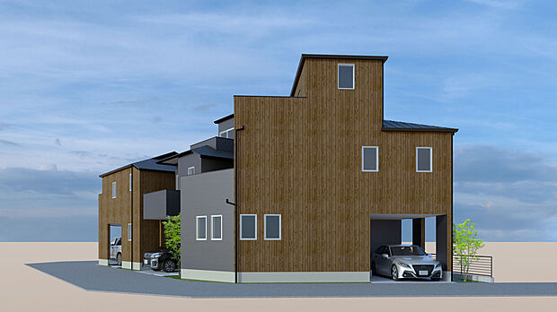 【建物完成イメージパース】
長期優良住宅、設計性能評価書取得で安心して永く暮らせる住まいとなっております。
2~3階建ての各棟異なる設計で、暮らしに合った住まいを選べます。