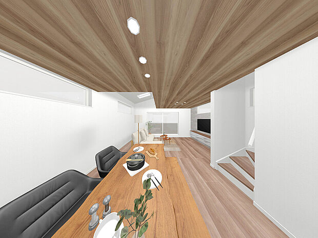 【【建物完成イメージパース LDK：A号棟】】オープンキッチン仕様でキッチン内からリビングの様子を見渡すことが出来るので小さなお子様がいても安心して家事が出来ます。