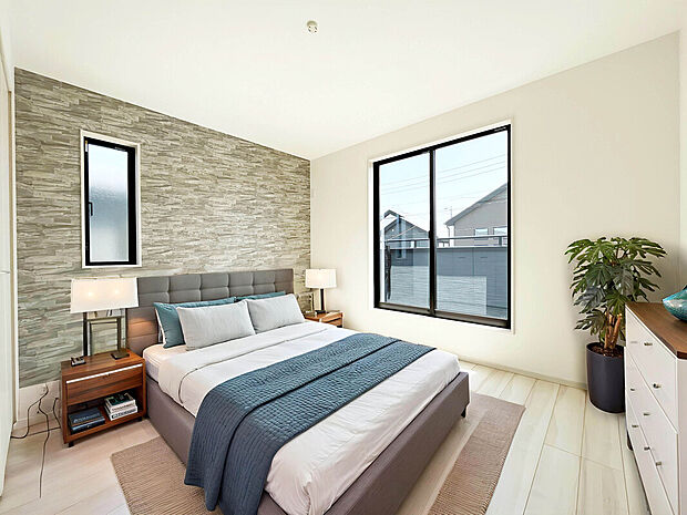 【【建物プラン例：Room】】アクセントクロスでおしゃれな空間。
デザイン性だけでなく、空間の広がりも感じられる設計となっています。
建物面積：79m2｜建物参考価格：2000万円