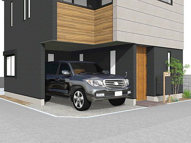 【【建物イメージパース：ビルトインガレージ】】悪天候からお車を守るビルトインガレージ。前面道路が三叉路になっているので入出庫がしやすくなっています。