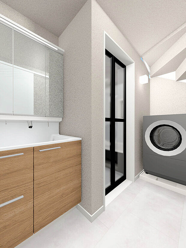 【【建物イメージパース：Wash Room】】機能美とデザイン性を両立させた3面鏡付の洗面化粧台。視覚的に広がり感を持たせるだけでなく、機能的にも優れています。