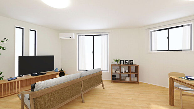 【【建物イメージパース:LDK】】南向きのリビングルーム。3面に窓があるので、常に心地よい日差しが入り込んできます!