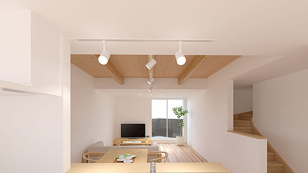 【【建物完成イメージパース LDK:3号棟】】リビング階段仕様により、家族と顔を合わせる機会が増え、自然と会話が増えます!