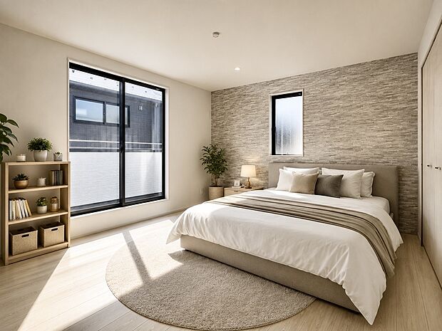 【【建物プラン例：Room】】壁の一面をアクセントクロスで彩ることでデザイン性を向上し、単調になりすぎないオシャレ空間に設えました。収納力豊かなクローゼットも設置し、スッキリとしたお部屋づくりが叶います。