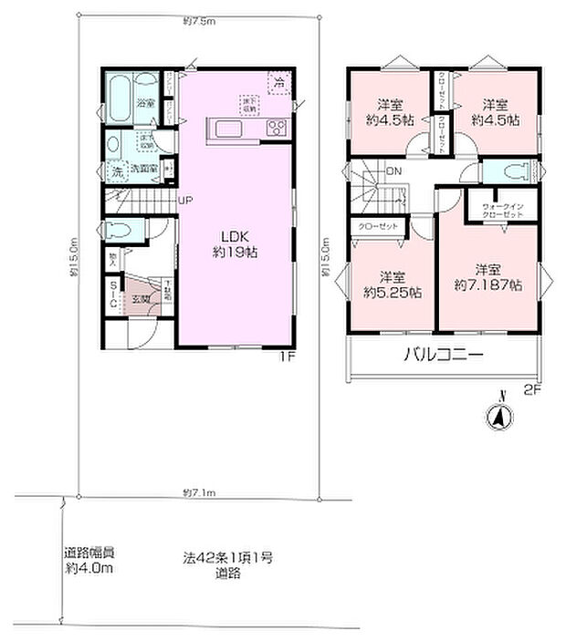 1号棟間取り
約19帖のLDKはご家族でもゆとりを持って過ごせる広々とした空間
