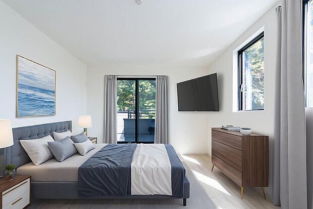 【洋室】「今までと違うお目覚め」
朝日を浴びて、体内時計をリセット。すがすがしい朝の光を浴びて、すっきりと目覚める。一日のスタートに大変大切な日当たりを家族の為に。※家具はCGイメージ