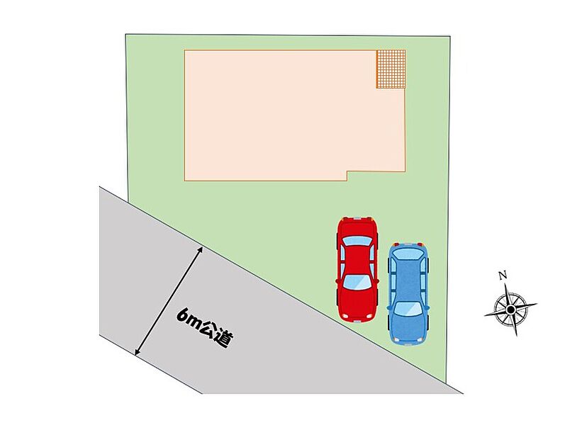 南西側6ｍ公道に面し、陽当たり良好です♪カースペースは並列2台駐車可能で、車庫入れもスイスイ楽々入れられます♪